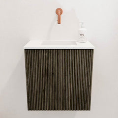 JOYA 40cm toiletmeubel kleur Shadow. Wastafel FAYE positie Midden Zonder kraangat kleur Talc