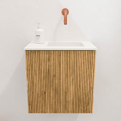 JOYA 40cm toiletmeubel kleur Oak. Wastafel FAYE positie Rechts Zonder kraangat kleur Talc