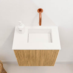 JOYA 40cm toiletmeubel kleur Oak. Wastafel FAYE positie Rechts Zonder kraangat kleur Talc