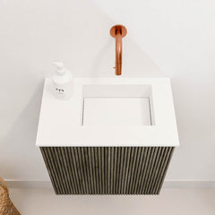 JOYA 40cm toiletmeubel kleur Shadow. Wastafel FAYE positie Rechts Zonder kraangat kleur Talc.