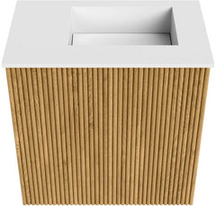 JOYA 40cm toiletmeubel kleur Oak. Wastafel FAYE positie Rechts 1 kraangat kleur Talc.