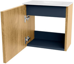 JOYA 40cm toiletmeubel kleur Oak. Wastafel FAYE positie Rechts 1 kraangat kleur Talc.