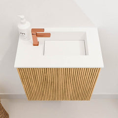 JOYA 40cm toiletmeubel kleur Oak. Wastafel FAYE positie Rechts 1 kraangat kleur Talc.