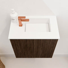 JOYA 40cm toiletmeubel kleur Walnut. Wastafel FAYE positie Rechts 1 kraangat kleur Talc