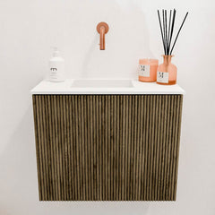 JOYA 50cm toiletmeubel kleur Dusk. Wastafel FAYE positie Links Zonder kraangat kleur Talc.