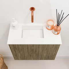 JOYA 50cm toiletmeubel kleur Dusk. Wastafel FAYE positie Links Zonder kraangat kleur Talc.