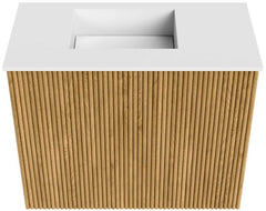 JOYA 50cm toiletmeubel kleur Oak. Wastafel FAYE positie Links Zonder kraangat kleur Talc.