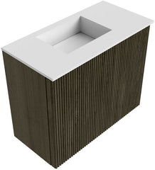 JOYA 50cm toiletmeubel kleur Shadow. Wastafel FAYE positie Links Zonder kraangat kleur Talc.