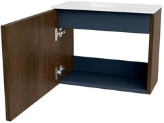 JOYA 50cm toiletmeubel kleur Walnut. Wastafel FAYE positie Links Zonder kraangat kleur Talc.