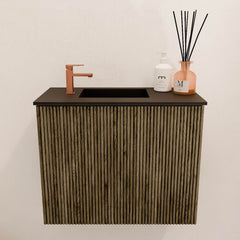 JOYA 50cm toiletmeubel kleur Dusk. Wastafel FAYE positie Links 1 kraangat kleur Urban.