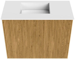 JOYA 50cm toiletmeubel kleur Oak. Wastafel FAYE positie Links 1 kraangat kleur Talc.