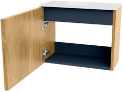 JOYA 50cm toiletmeubel kleur Oak. Wastafel FAYE positie Links 1 kraangat kleur Talc.