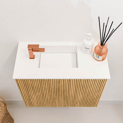 JOYA 50cm toiletmeubel kleur Oak. Wastafel FAYE positie Links 1 kraangat kleur Talc.