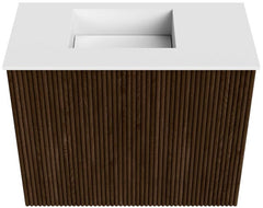 JOYA 50cm toiletmeubel kleur Walnut. Wastafel FAYE positie Links 1 kraangat kleur Talc.