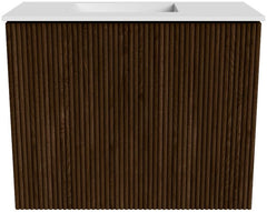 JOYA 50cm toiletmeubel kleur Walnut. Wastafel FAYE positie Links 1 kraangat kleur Talc.