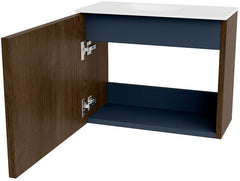 JOYA 50cm toiletmeubel kleur Walnut. Wastafel FAYE positie Links 1 kraangat kleur Talc.