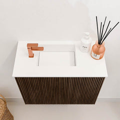 JOYA 50cm toiletmeubel kleur Walnut. Wastafel FAYE positie Links 1 kraangat kleur Talc.