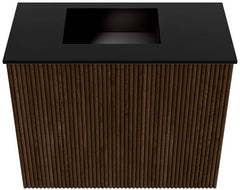 JOYA 50cm toiletmeubel kleur Walnut. Wastafel FAYE positie Links 1 kraangat kleur Urban.