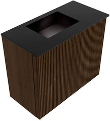 JOYA 50cm toiletmeubel kleur Walnut. Wastafel FAYE positie Links 1 kraangat kleur Urban.