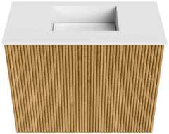 JOYA 50cm toiletmeubel kleur Oak. Wastafel FAYE positie Midden Zonder kraangat kleur Talc.