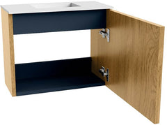 JOYA 50cm toiletmeubel kleur Oak. Wastafel FAYE positie Midden Zonder kraangat kleur Talc.