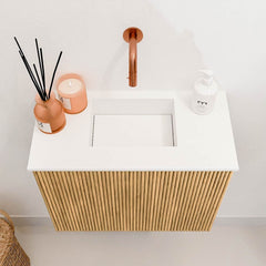 JOYA 50cm toiletmeubel kleur Oak. Wastafel FAYE positie Midden Zonder kraangat kleur Talc.