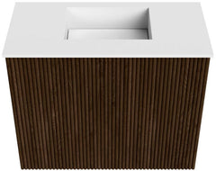 JOYA 50cm toiletmeubel kleur Walnut. Wastafel FAYE positie Midden Zonder kraangat kleur Talc.