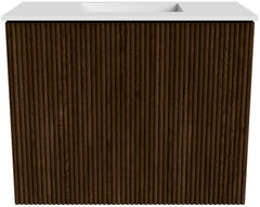 JOYA 50cm toiletmeubel kleur Walnut. Wastafel FAYE positie Midden Zonder kraangat kleur Talc.