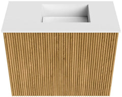 JOYA 50cm toiletmeubel kleur Oak. Wastafel FAYE positie Rechts Zonder kraangat kleur Talc.