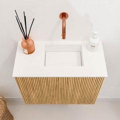 JOYA 50cm toiletmeubel kleur Oak. Wastafel FAYE positie Rechts Zonder kraangat kleur Talc.