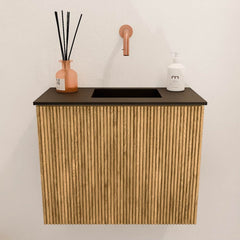 JOYA 50cm toiletmeubel kleur Oak. Wastafel FAYE positie Rechts Zonder kraangat kleur Urban.