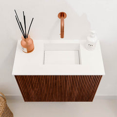 JOYA 50cm toiletmeubel kleur Ruby. Wastafel FAYE positie Rechts Zonder kraangat kleur Talc.