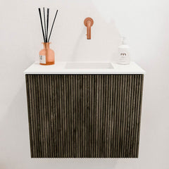 JOYA 50cm toiletmeubel kleur Shadow. Wastafel FAYE positie Rechts Zonder kraangat kleur Talc.