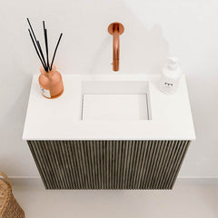 JOYA 50cm toiletmeubel kleur Shadow. Wastafel FAYE positie Rechts Zonder kraangat kleur Talc.