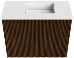 JOYA 50cm toiletmeubel kleur Walnut. Wastafel FAYE positie Rechts Zonder kraangat kleur Talc.