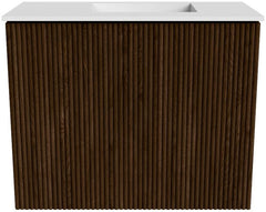 JOYA 50cm toiletmeubel kleur Walnut. Wastafel FAYE positie Rechts Zonder kraangat kleur Talc.