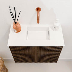 JOYA 50cm toiletmeubel kleur Walnut. Wastafel FAYE positie Rechts Zonder kraangat kleur Talc.