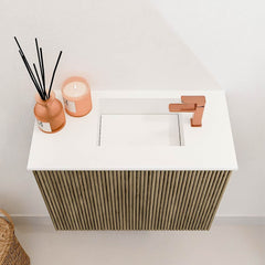 JOYA 50cm toiletmeubel kleur Dusk. Wastafel FAYE positie Rechts 1 kraangat kleur Talc.