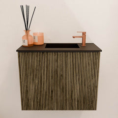 JOYA 50cm toiletmeubel kleur Dusk. Wastafel FAYE positie Rechts 1 kraangat kleur Urban.