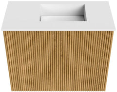 JOYA 50cm toiletmeubel kleur Oak. Wastafel FAYE positie Rechts 1 kraangat kleur Talc.