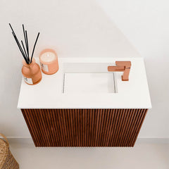 JOYA 50cm toiletmeubel kleur Ruby. Wastafel FAYE positie Rechts 1 kraangat kleur Talc.