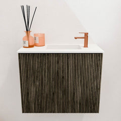 JOYA 50cm toiletmeubel kleur Shadow. Wastafel FAYE positie Rechts 1 kraangat kleur Talc.