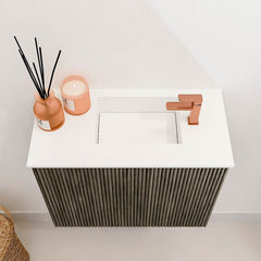 JOYA 50cm toiletmeubel kleur Shadow. Wastafel FAYE positie Rechts 1 kraangat kleur Talc.