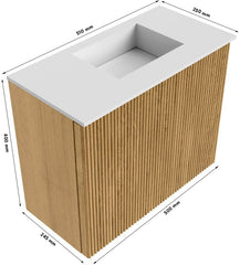 JOYA 50cm toiletmeubel kleur Walnut. Wastafel FAYE positie Rechts 1 kraangat kleur Talc.