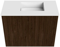 JOYA 50cm toiletmeubel kleur Walnut. Wastafel FAYE positie Rechts 1 kraangat kleur Talc.