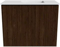 JOYA 50cm toiletmeubel kleur Walnut. Wastafel FAYE positie Rechts 1 kraangat kleur Talc.