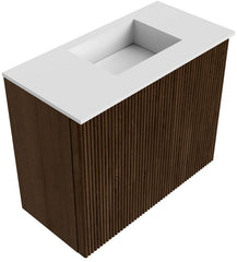 JOYA 50cm toiletmeubel kleur Walnut. Wastafel FAYE positie Rechts 1 kraangat kleur Talc.