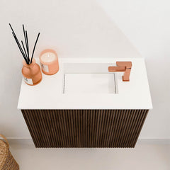 JOYA 50cm toiletmeubel kleur Walnut. Wastafel FAYE positie Rechts 1 kraangat kleur Talc.