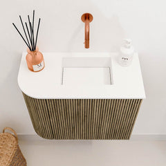 JOYA 51,6cm toiletmeubel ronding links kleur Dusk. Wastafel FAYE positie Rechts Zonder kraangat kleur Talc.