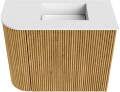 JOYA 51,6cm toiletmeubel ronding links kleur Oak. Wastafel FAYE positie Rechts Zonder kraangat kleur Talc.